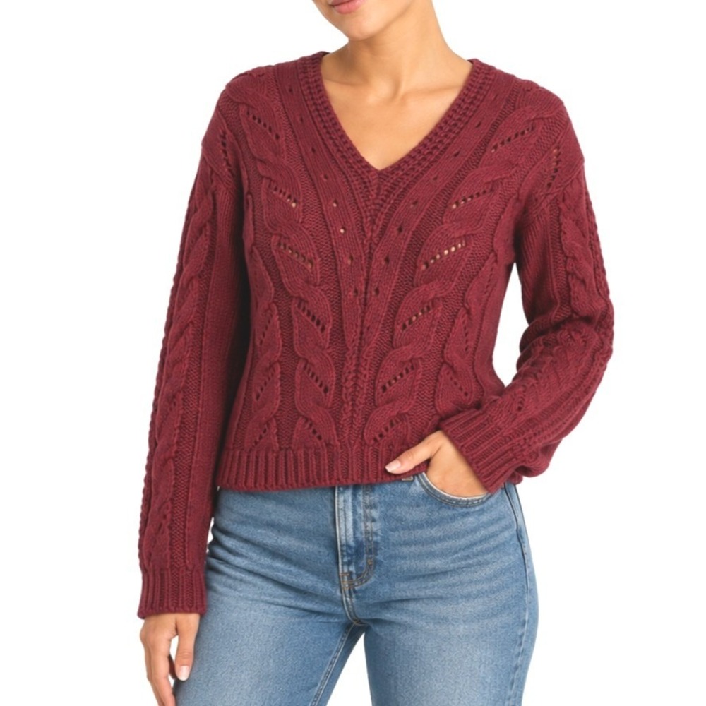 Poof Apparel Sweater Women L Burgundy V-Neck Cable Knit Pointelle 254469J Cozy